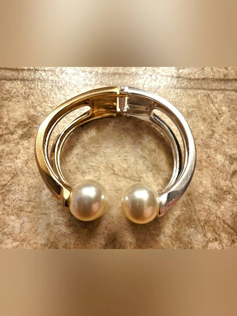 Elegant Pearl-Top Open Cuff Bracelet 2 Tone